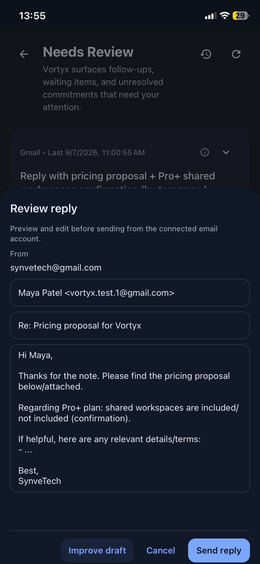 Vortyx reply draft screen showing the improve draft option