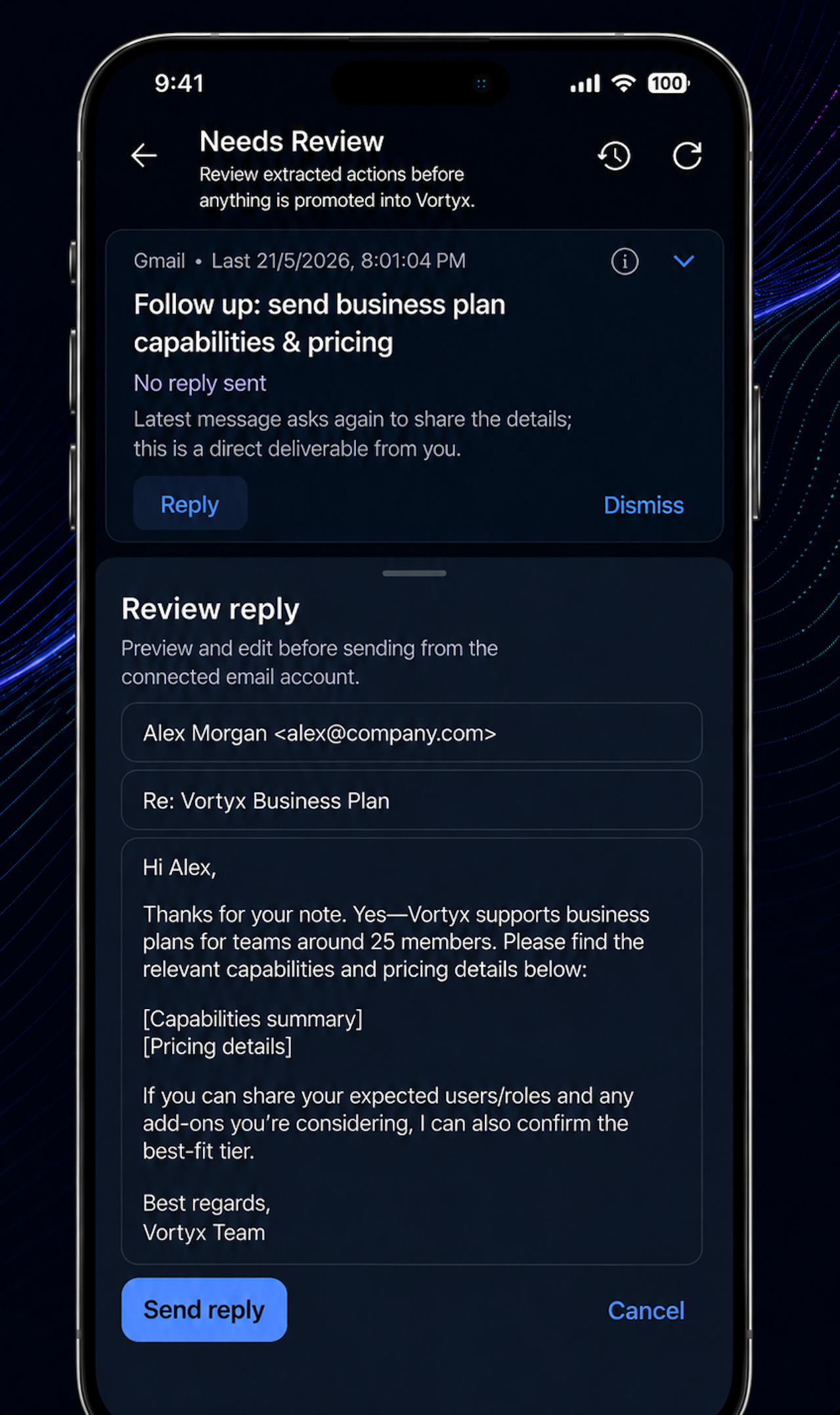 Vortyx email reply screen showing a reviewable draft action