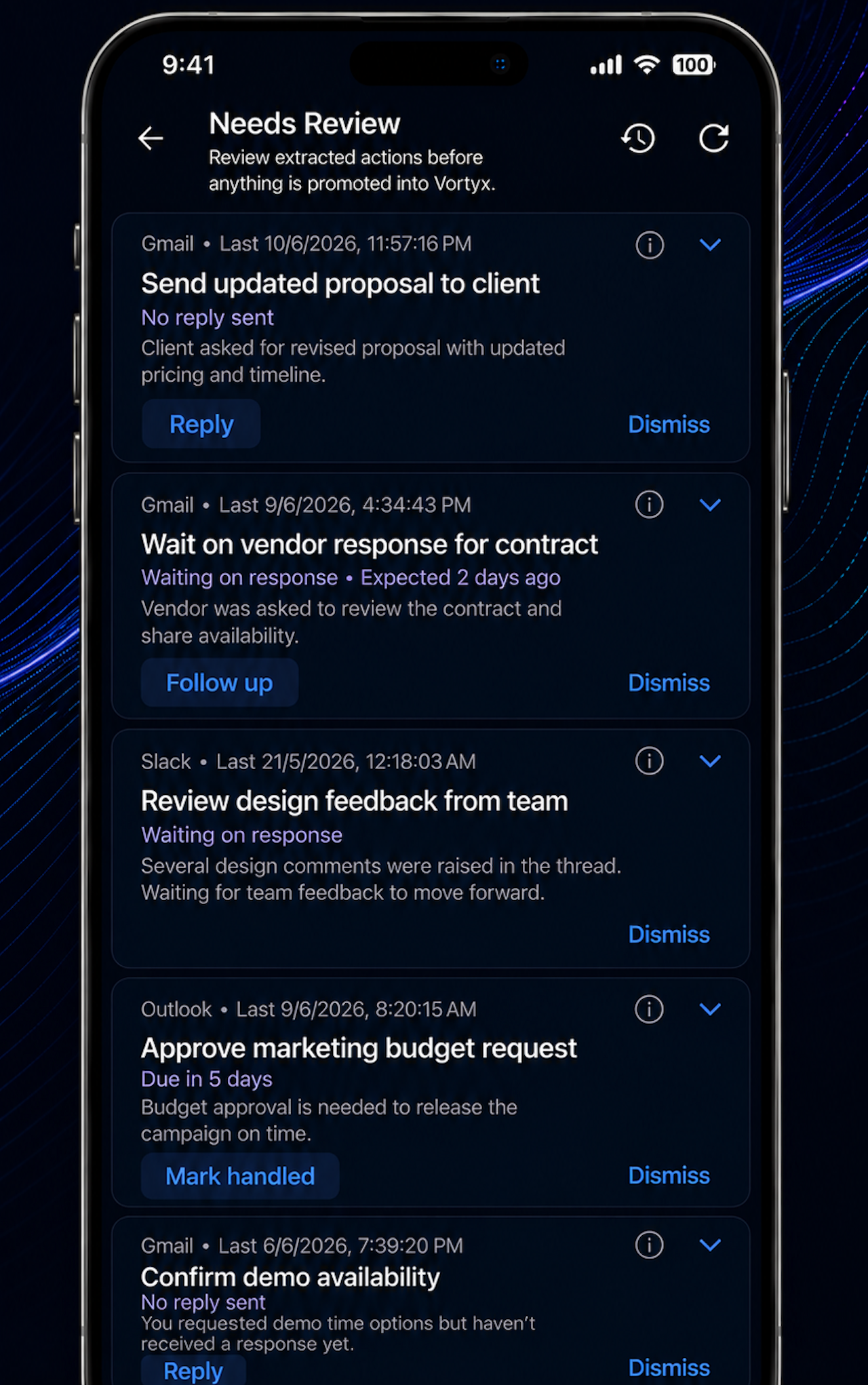 Vortyx review screen showing suggested follow-ups and commitments